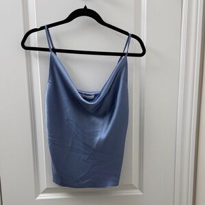 Blue Satin Cowl Neck Tank Top